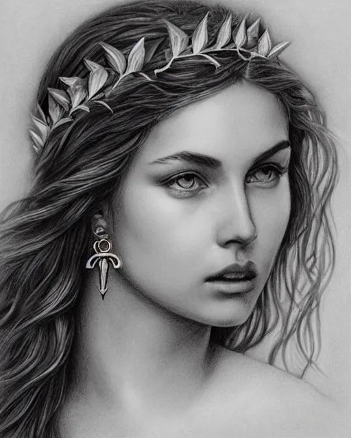 Image similar to pencil drawing of a beautiful greek goddess aphrodite wearing a laurel wreath and arrowhead earrings, beautiful confident and piercing eyes, beautiful flowing hair, hyper realistic face, in the style of greg rutkowski, fantasy, amazing detail, epic, elegant, smooth, sharp focus, from the front