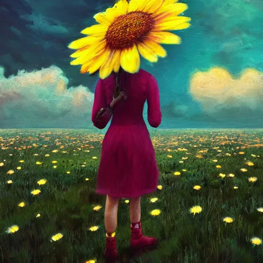 Image similar to giant daisy flower as a head, girl walking in flower field, surreal photography, moon light, dramatic, impressionist painting, colorful clouds, digital painting, artstation, simon stalenhag