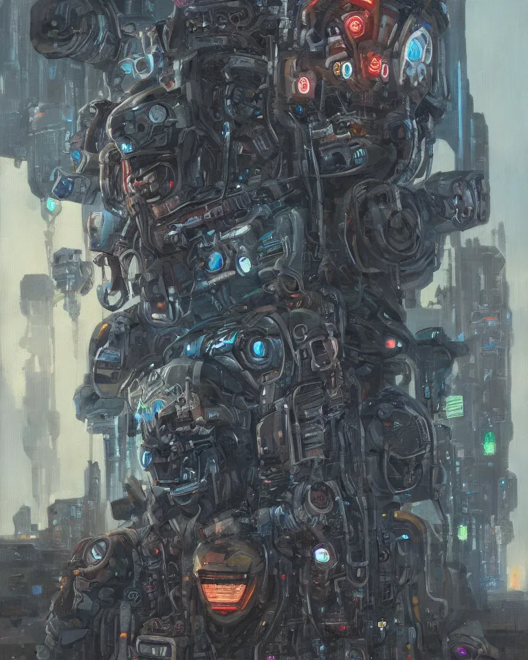 Image similar to an oil painting portrait of a cybernetic junkyard ghost, cyberpunk, shadowrun, in the style of brom