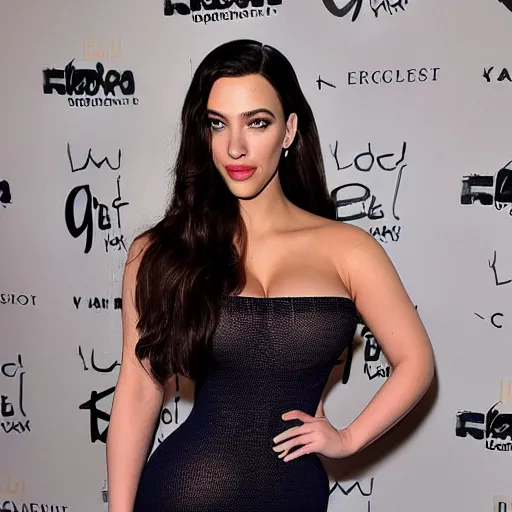 Image similar to a woman who is a genetic combination of kim kardashian and kat dennings and scarlett johansson and margot robbie and emma watson, face and upper - body focus