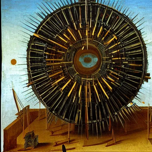 Image similar to painting of leonardo davinci building fusion reactor prototype by using wood and metal plates in italy at year 1 4 7 8.