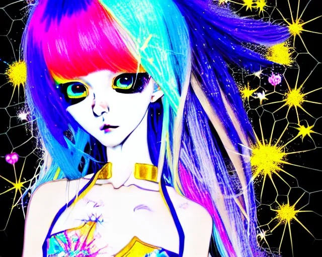 Image similar to neo tokyo japanese anime kawaii decora hologram of rimuru tempest, sky blue hair, golden yellow eyes, wearing black stylish clothing, holography, irridescent, baroque visual kei glitch art, a detailed pencil portrait with watercolor of a beautiful monster high doll, by sabrina eras, alice x. zhang, agnes cecile, blanca alvarez