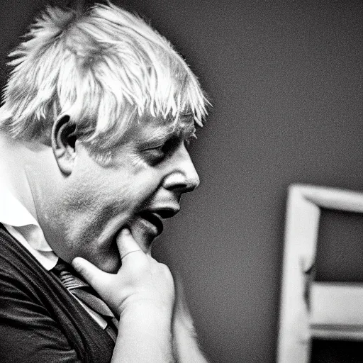 Image similar to Boris Johnson crying on the naughty step with a pool of tears under him, 8k, perfect lighting, high contrast, wide-angle, Nikon mirrorless, sad, brexit, flickr