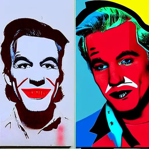 Image similar to andy warhol and banksy draw kanye west as the joker which dance on the street, hyperrealistic content, high definition content, intricate, delete duplicate content, justify content center, 5 colors