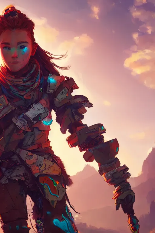 Image similar to combination suit armor aloy horizon forbidden west horizon zero dawn radiating a glowing aura global illumination ray tracing hdr fanart arstation by ian pesty and alena aenami artworks in 4 k tribal robot ninja mask helmet backpack