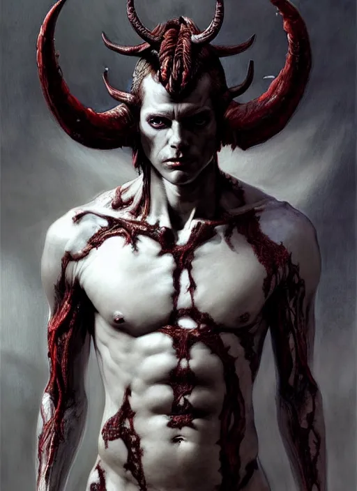 Image similar to half demon half human man intricate skin pattern texture, elegant, peaceful, full body, white horns, hyper realistic, extremely detailed, dnd character art portrait, dark fantasy art, intricate fantasy painting, dramatic lighting, vivid colors, deviant art, artstation, by edgar maxence and caravaggio and michael whelan and delacroix.