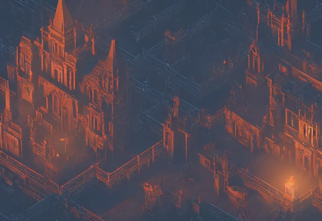 Image similar to isometric magicavoxel Bloodborne eastward cinematic lighting, 4k