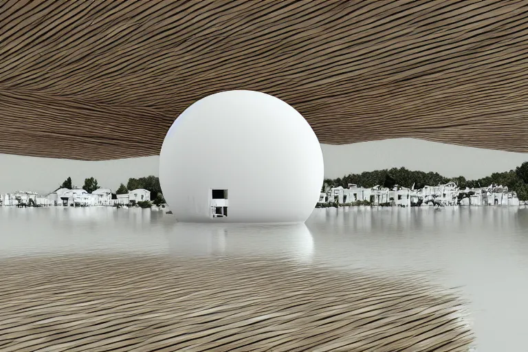 Image similar to many white round spherical buildings are crowded and combined to form a building on the calm lake, by pierre bernard, on the calm lake, people's perspective, future, interior wood, dusk, unreal engine highly rendered, global illumination, radial light, internal environment