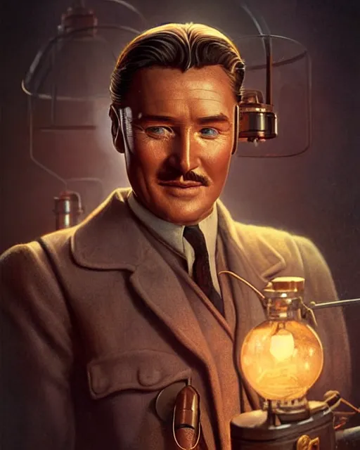Prompt: Errol Flynn as a scientist. 1980s dystopian Soviet Russia, propaganda screens. Unreal engine, fantasy art by Anna Podedworna. Faithfully depicted facial expression, perfect anatomy global illumination, radiant light, detailed and intricate environment