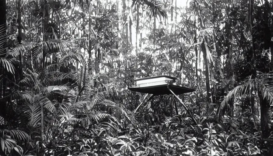 Image similar to lost film footage of a sacred object in the middle of the ( ( ( tropical jungle ) ) ) / film still / cinematic / enhanced / 1 9 2 0 s / black and white / grain