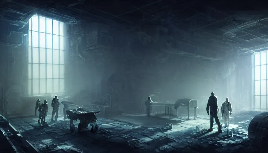 Image similar to high tech nomands exploring abandoned laboratory on moon, lunar station, space race, scifi, dark scifi, space horror, light, shadows, reflections, steam, epic composition, intricate, elegant, volumetric lighting, digital painting, highly detailed, artstation, sharp focus, illustration, concept art, ruan jia, steve mccurry