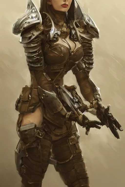 Prompt: a finely detailed portrait of an attractive young woman, clothed in military-style battle armor, shoulder mounted gun, olive skin, long dark hair, beautiful bone structure, symmetrical facial features, intricate, elegant, digital painting, trending on Artstation, concept art, smooth, sharp focus, illustration, from Metal Gear by Ruan Jia and Mandy Jurgens and Artgerm and William-Adolphe Bouguerea, award winning