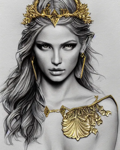 Image similar to tattoo design sketch of hot blonde super model as aphrodite greek goddess wearing a gold laurel wreath and triangle earrings, beautiful piercing gaze with sharp pupils, in the style of greg rutkowski, fantasy, amazing detail, epic, elegant, smooth, sharp focus, front view