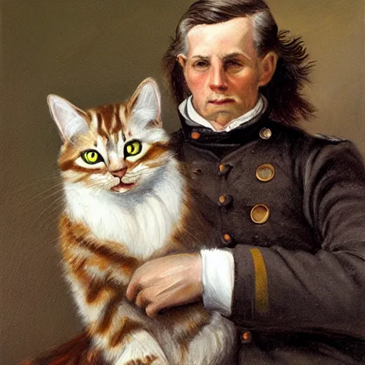 Image similar to oil painting of a civil war soldier holding a long - haired brown and white tabby cat