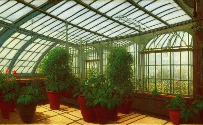 Prompt: an achingly beautiful print of the interior of a victorian greenhouse, and one small potted plant by Raphael, Hopper, and Rene Magritte. detailed, romantic, enchanting, trending on artstation.