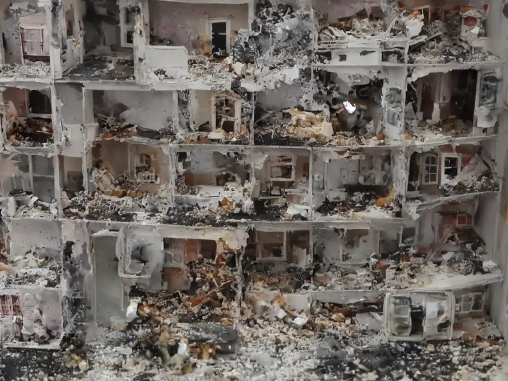 Prompt: a dollhouse exploding, news footage