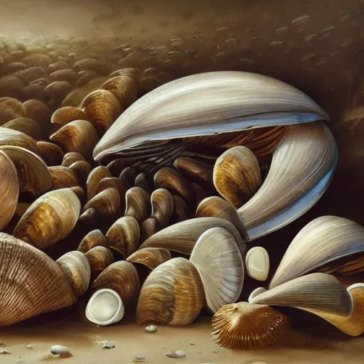 Image similar to bivalve, sea shell, mystery of the deep, quahogs. greg rutkowski, gustavo dore, national geographic, spiral, mollusc.