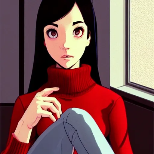 Prompt: a beautiful girl with dark hair, wearing a red turtleneck sweater, sitting in apartment alone, looking out window at city, nighttime, intricate, highly detailed, artstation, official media, anime key visual, mood lighting, sharp focus, illustration, art by Artgerm, Makoto Shinkai, Ilya Kuvshinov, Lois Van Baarle, and Rossdraws