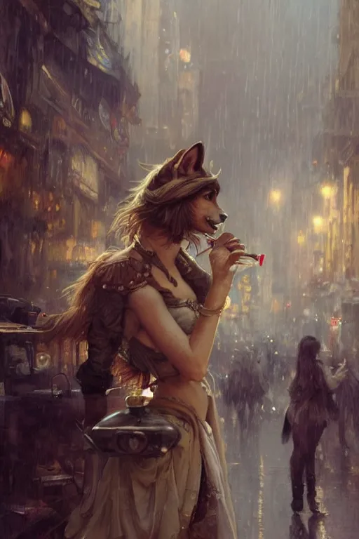 Image similar to beautiful portrait of an attractive white female anthro wolf smoking a cigarette in a bustling crowd of a rainy city street, steampunk, female fursona, 4 k, trending on artstation, by gaston bussiere, craig mullins, artgerm, greg rutkowski, alphonse mucha