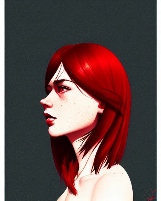 Image similar to a detailed portrait of a woman with red hair and freckles by ilya kuvshinov, digital art, dramatic lighting, dramatic angle