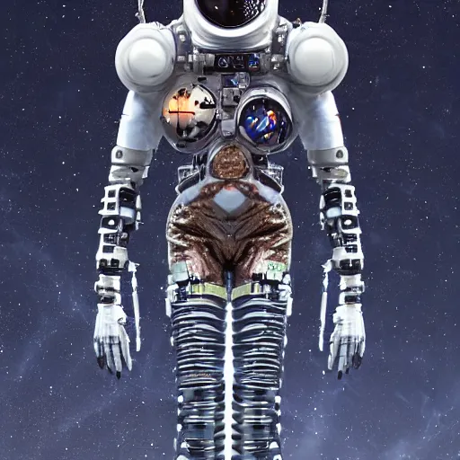 Image similar to a cybernetic symbiosis cybernetic mech astronaut sniper woman in a nasa eva suit with small nixie tube barnacles, nasa eva suit, by beeple, white fractals, small nixie tubes, nasa canadarm, maxillipeds, chelicerae, chelate appendages
