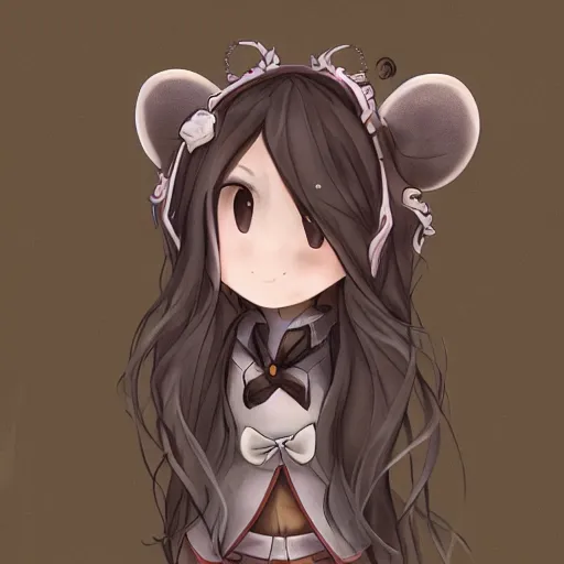 Image similar to headshot of young maple story female mouse, maple story, cute, fantasy, intricate, long hair, dark grey skin, mouse face, maplestory mouse, dark skin, mouse head, mouse ears, black hair, elegant, cartoony, maplestory Deviantart, maplestory character, character art of maple story, smooth, sharp focus, illustration, art by maplestory