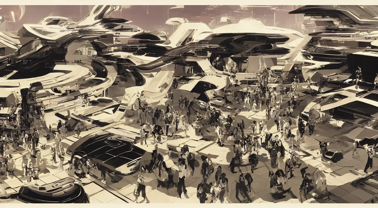 Prompt: Concept art of a utopian galactic society by Syd Mead