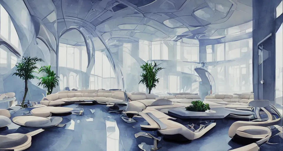 Image similar to a beautiful illustration of futuristic interior hall, lots of furniture, sofa, waiting room, big medium small, sacred geometry, golden ratio, in watercolor gouache detailed paintings, in style of syd mead, trending on artstation,8k, panel, hard surface, vent, zaha hadid, props, plant, cozy,decoration around the room