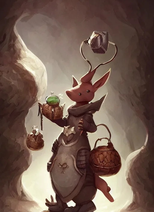 Image similar to cute little anthropomorphic aardvark thief wearing Atiel's veil, tiny, small, miniature animal, baby animal, short, pale black armor, cute and adorable, pretty, beautiful, DnD character art portrait, matte fantasy painting, DeviantArt Artstation, by Jason Felix by Steve Argyle by Tyler Jacobson by Peter Mohrbacher, cinematic lighting