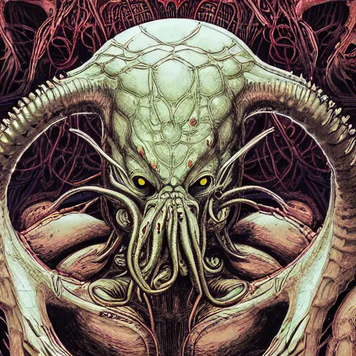 Image similar to upper body and head portrait of cthulhu, symmetrical, by yoichi hatakenaka, masamune shirow, josan gonzales and dan mumford, ayami kojima, takato yamamoto, barclay shaw, karol bak, yukito kishiro