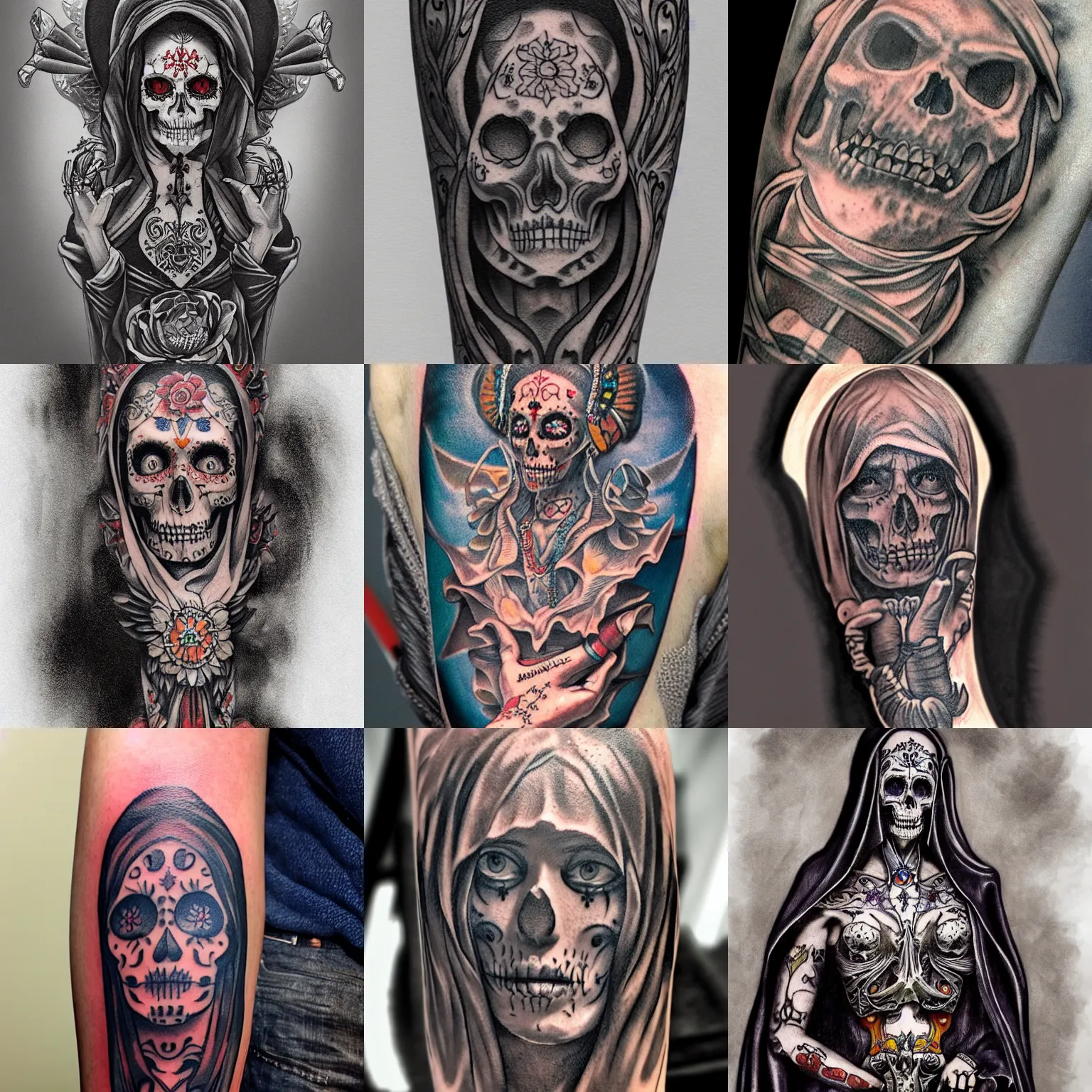 Prompt: arm tattoo of santa muerte by anton pieck, intricate, extremely detailed, digital painting, artstation, concept art, smooth, sharp focus, illustration, intimidating lighting, incredible art,