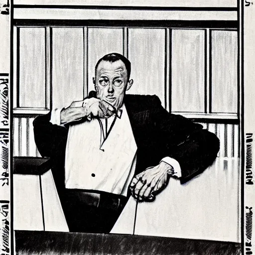 Image similar to a portrait of a man in the 1 9 6 0 s drinking alone in a bar late at night, black and white monochrome, by norman rockwell