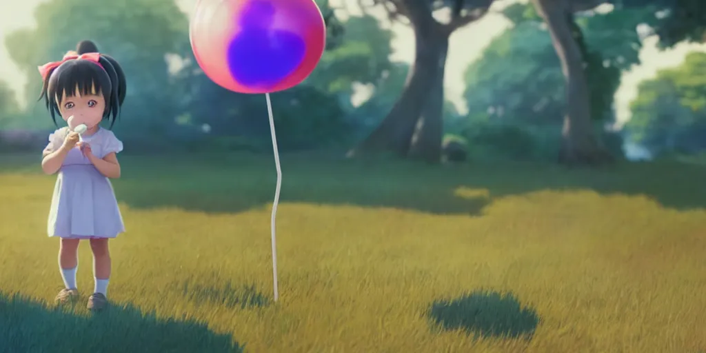 Prompt: a little girl with lollypop, holding blue balloon on a string, studio ghibli, pixar and disney animation, sharp, rendered in unreal engine 5, anime key art by greg rutkowski, bloom, dramatic lighting