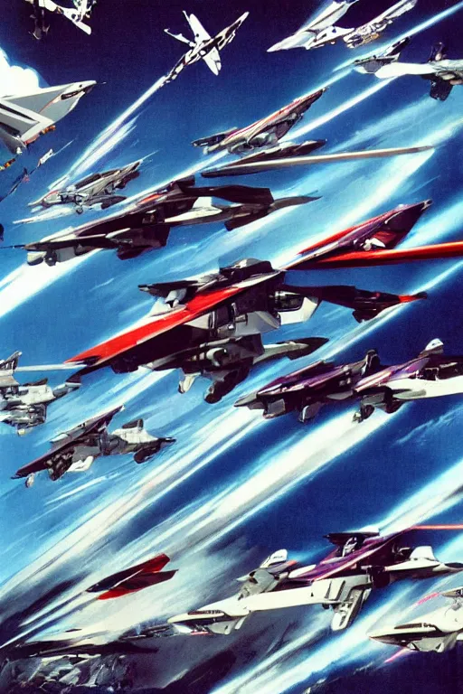 Image similar to a group of vf - 1 valkyrie robotech veritech fighters flying next to each other, poster art by syd mead, behance, retrofuturism, dynamic composition, poster art, glitch art