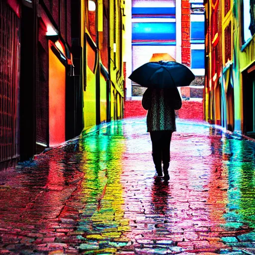 Prompt: small street full of neon light banners, multi colored pebbles on the road, a man with a black umbrella walks towards a young lady robot, rainy day, stylographic drawing style, kurekolor