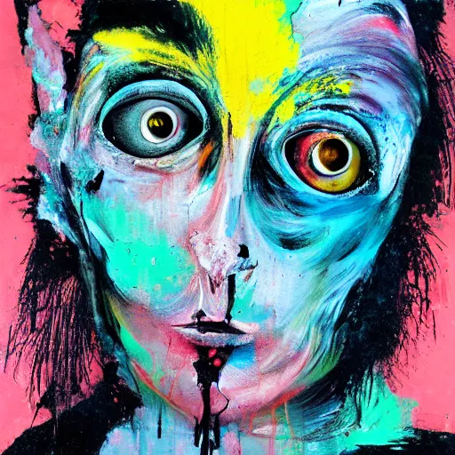 Prompt: brutal black clothes, girl with white eyes, grotesque, doomed, acrylic paint, high resolution gouache on canvas, ugly vibrant colors, glitch, grotesque, wrapped blue background, art francis bacon - h 7 0 4