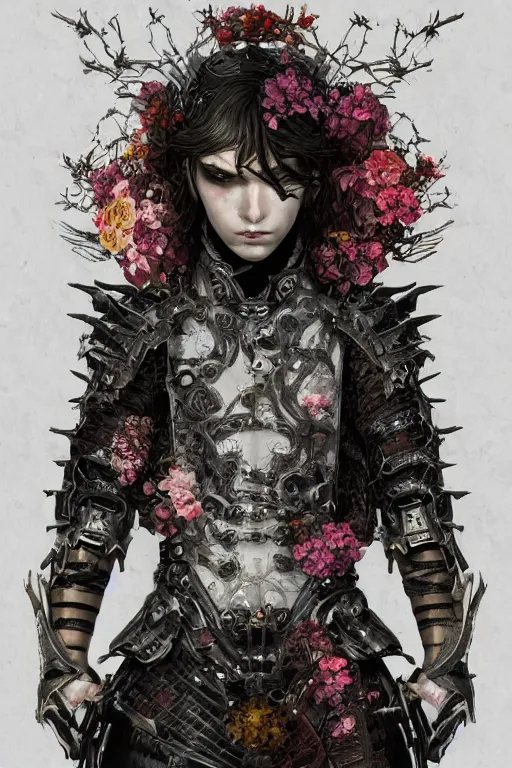 Image similar to portrait of beautiful young gothic man, cyberpunk armor, a lot of scars, more and more flowers, japanese style, warhammer, highly detailed, artstation, illustration, art by gustav klimt