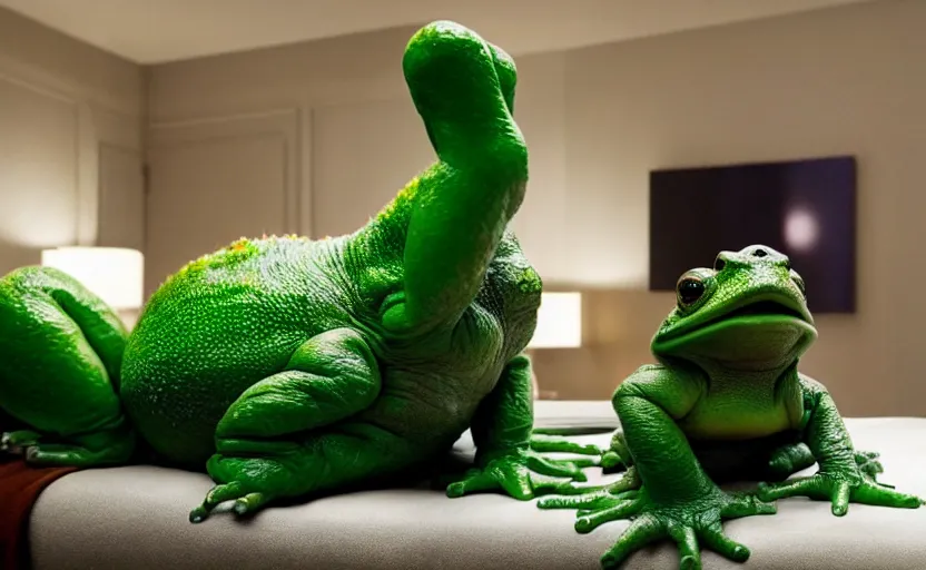 Image similar to a giant green toad sitting with mike tyson in a large clean hotel room, on a couch, movie directed by martin scorsese and christopher nolan, masterpiece, 8 h