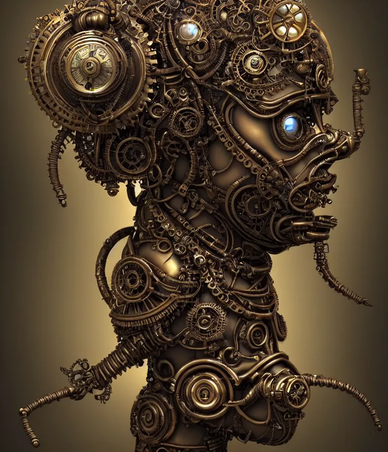 Image similar to steampunk cybernetic biomechanical ganesha, front facing, symmetric, 3 d model, very coherent symmetrical artwork, unreal engine realistic render, 8 k, micro detail, intricate, elegant, highly detailed, centered, digital painting, artstation, smooth, sharp focus, illustration, artgerm, tomasz alen kopera, wlop