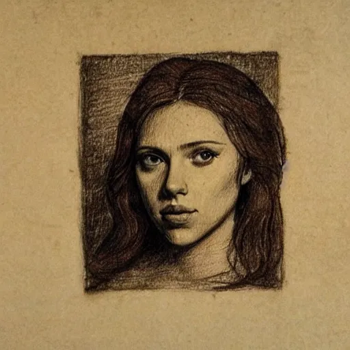 Image similar to a finished, detailed portrait drawing with reddish brown ink on parchment of a very young scarlett johansson, by leonardo davinci in davinci's style from one of his notebooks