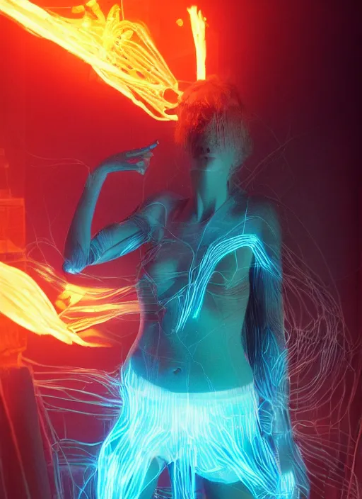 Prompt: rgb wires, portrait, woman, fire, rage, cinematic, movie scene, inspired by zdzislaw beksinski, clothes made out of veins,, cables everywhere, bedroom, ultra realistic, concept art, intricate details, highly detailed, photorealistic, octane render, 8 k