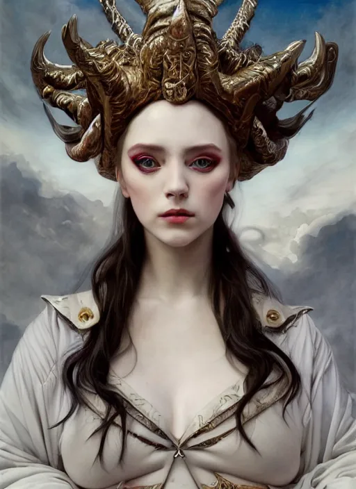 Prompt: white horns queen demon, elegant, wearing a bomber jacket, hyper realistic, intricate skin, extremely detailed, dnd character art portrait, fantasy art,, dramatic lighting, vivid colors, artstation, by edgar maxence and caravaggio and michael whelan and delacroix, lois van baarle and bouguereau