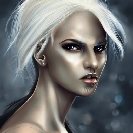 Prompt: beautiful female dark elf with white hair holding a scroll, storm background, digital painting, detailed, realism
