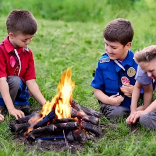 Image similar to puppies dressed as Boy Scouts building a campfire