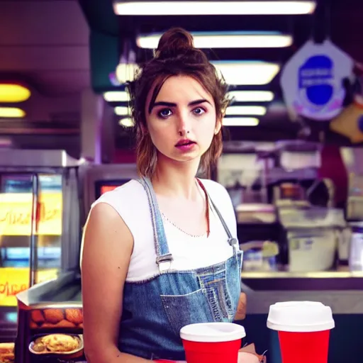 Image similar to ana de armas portrait working in a fast food restaurant, in a cinematic cyberpunk style, 3 5 mm