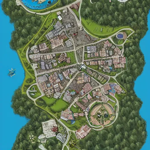 Image similar to overhead dnd map of a small suburban coastal town by mike schley,