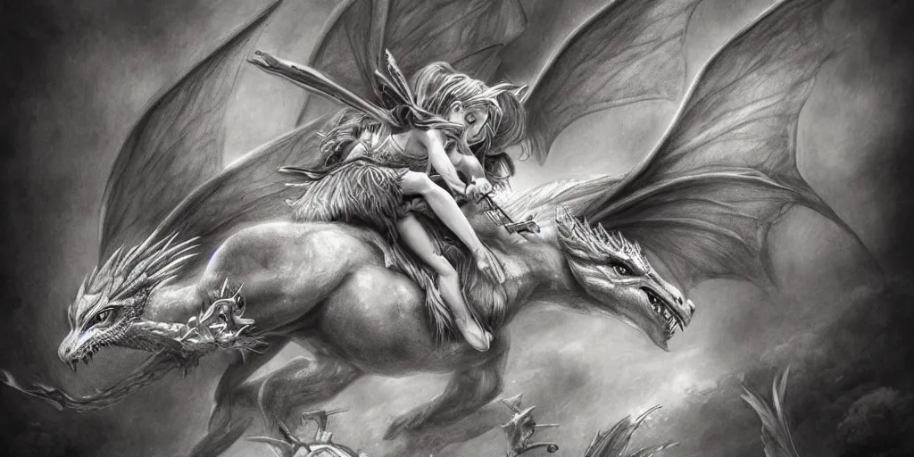 Image similar to a beautiful pencil drawing of a fairy girl riding a dragon; masterpiece; extremely highly detailed; ultra-realistic; trending on artstation