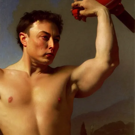 Image similar to Painting of muscular Elon Musk. Art by william adolphe bouguereau. During golden hour. Extremely detailed. Beautiful. 4K. Award winning.