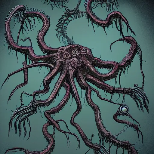 Prompt: insane eldritch horror with many legs, inspired by H.P. Lovecraft, flash photography