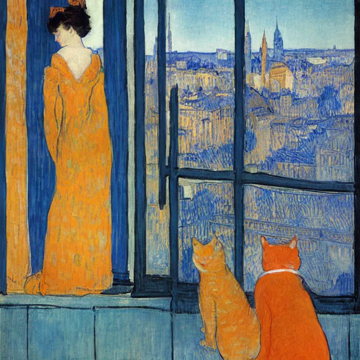 Image similar to woman in vermillion dress and white cat with city with gothic cathedral seen from a window frame with curtains. dark indigo blue, turquoise, gold, earth brown. sunset. bonnard, henri de toulouse - lautrec, utamaro, matisse, monet